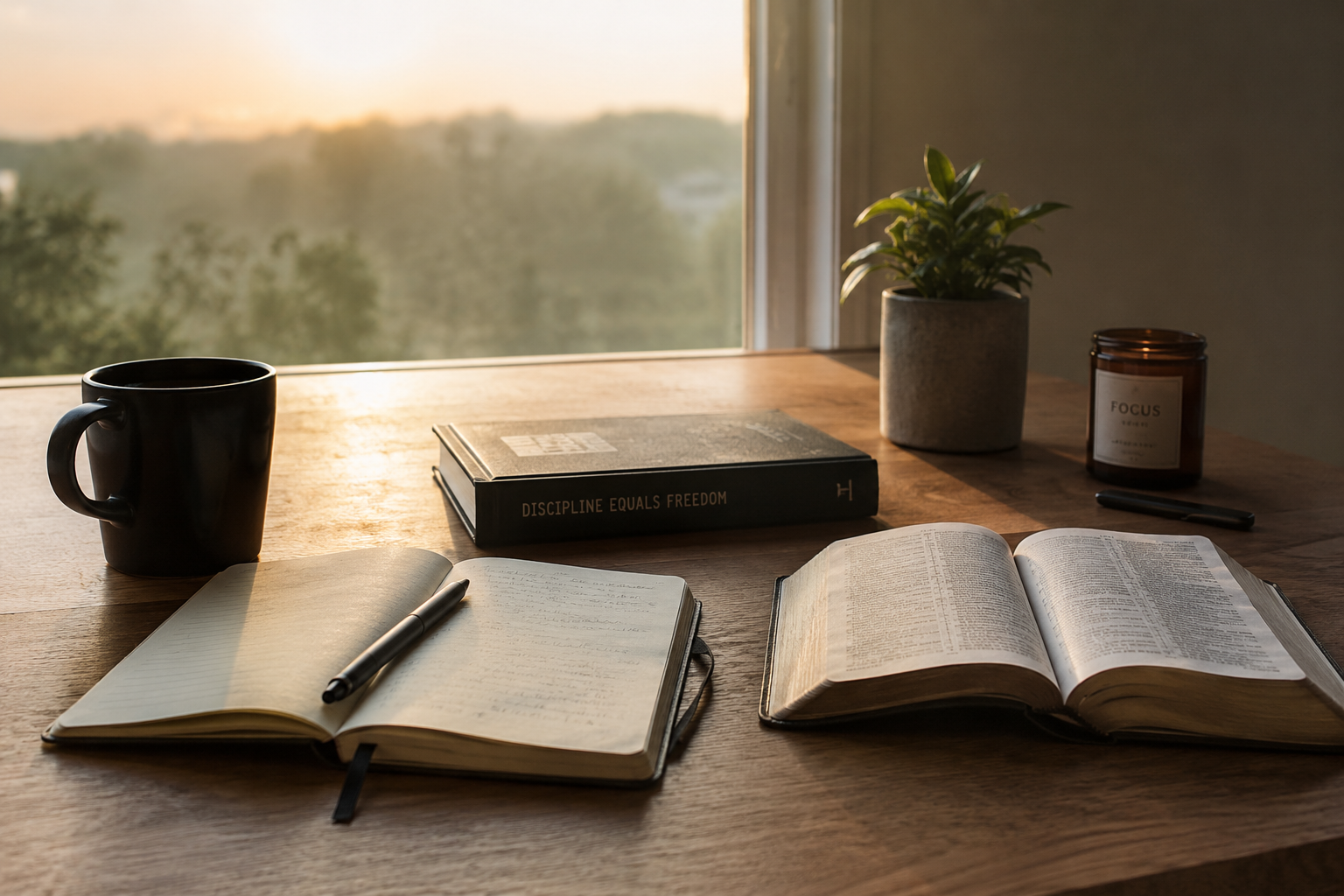 Cozy workspace with warm sunlight